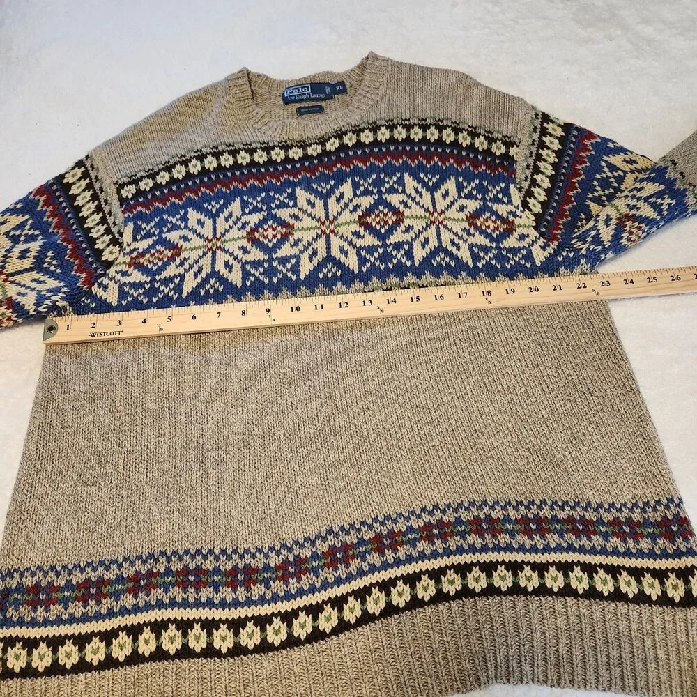 Vintage Polo Ralph Lauren Mens LS Sweater Beige Snowflake Nordic Cotton Knit  XL